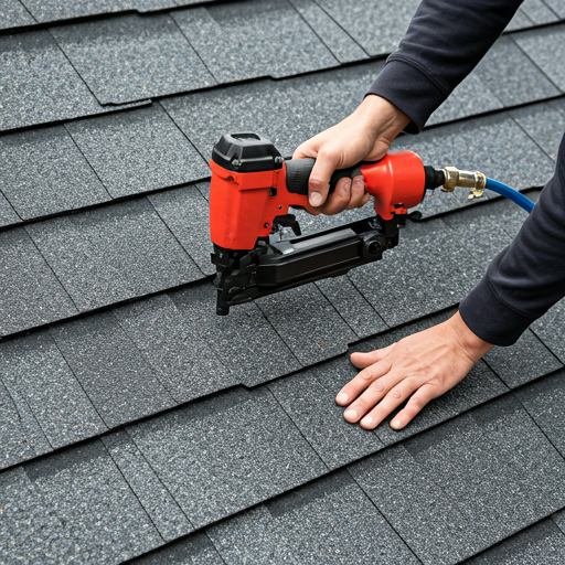 A RestorePros crew member hand-nailing architectural shingles on a Madison roof