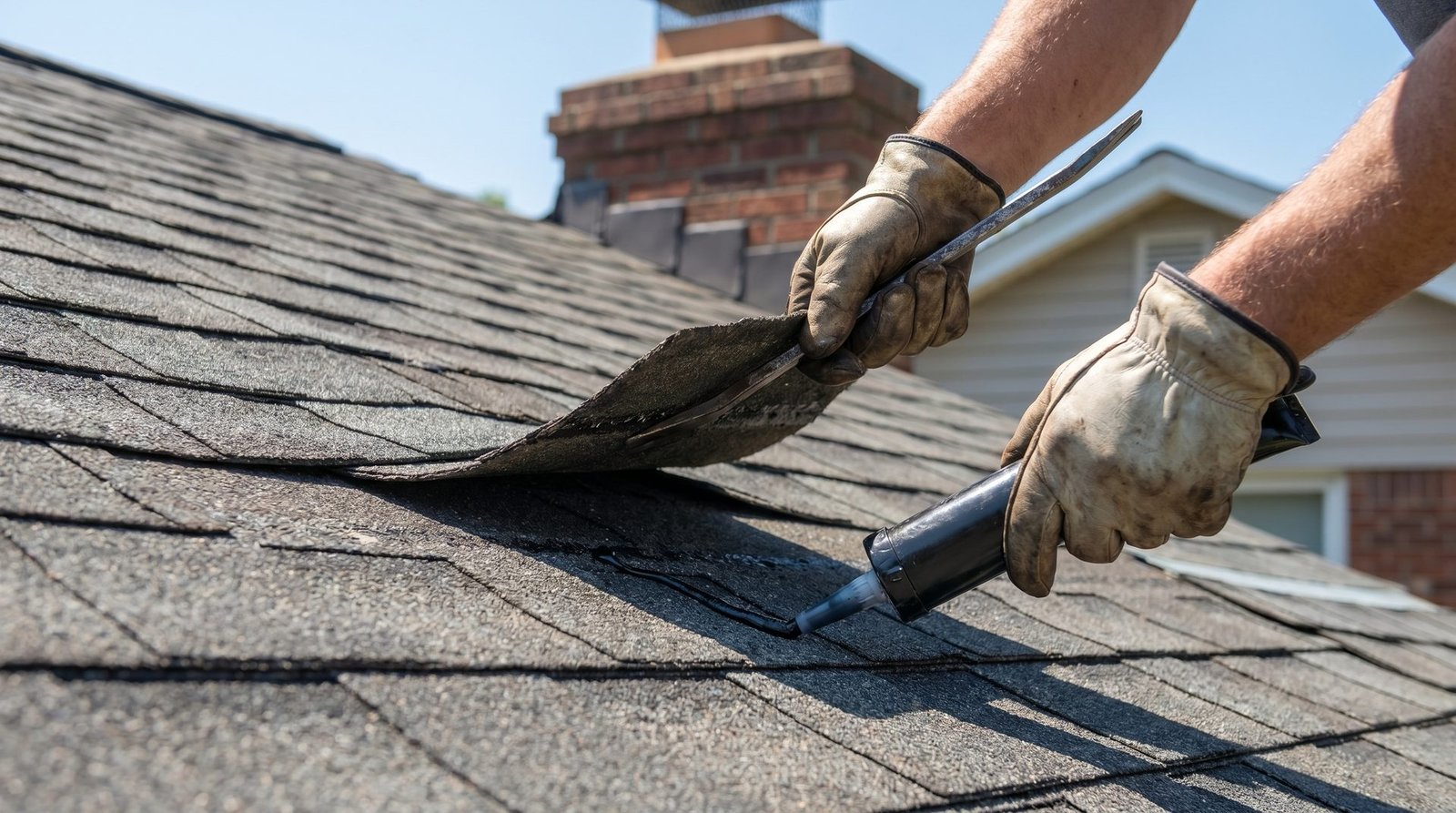 Roofer repairing damaged asphalt shingles and applying sealant on a residential roof