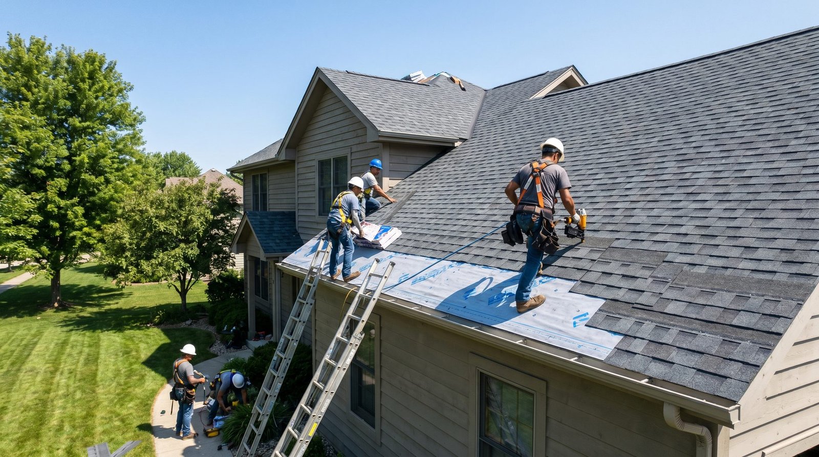 Roofing crew installing a new architectural shingle roof on a suburban home