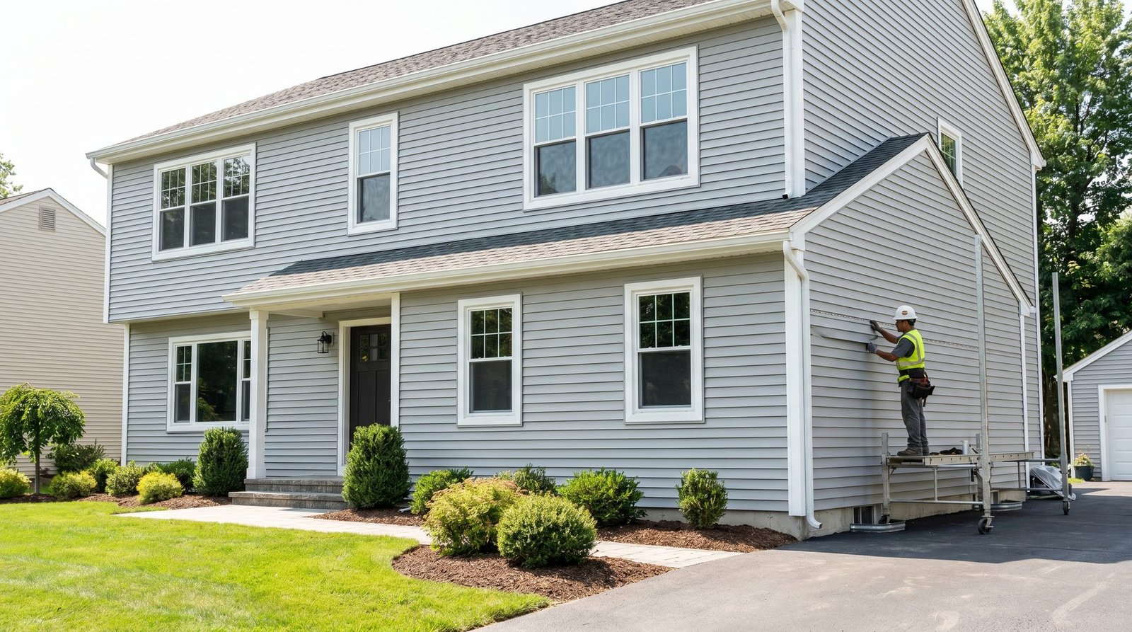 New gray vinyl siding being installed on a suburban two-story home