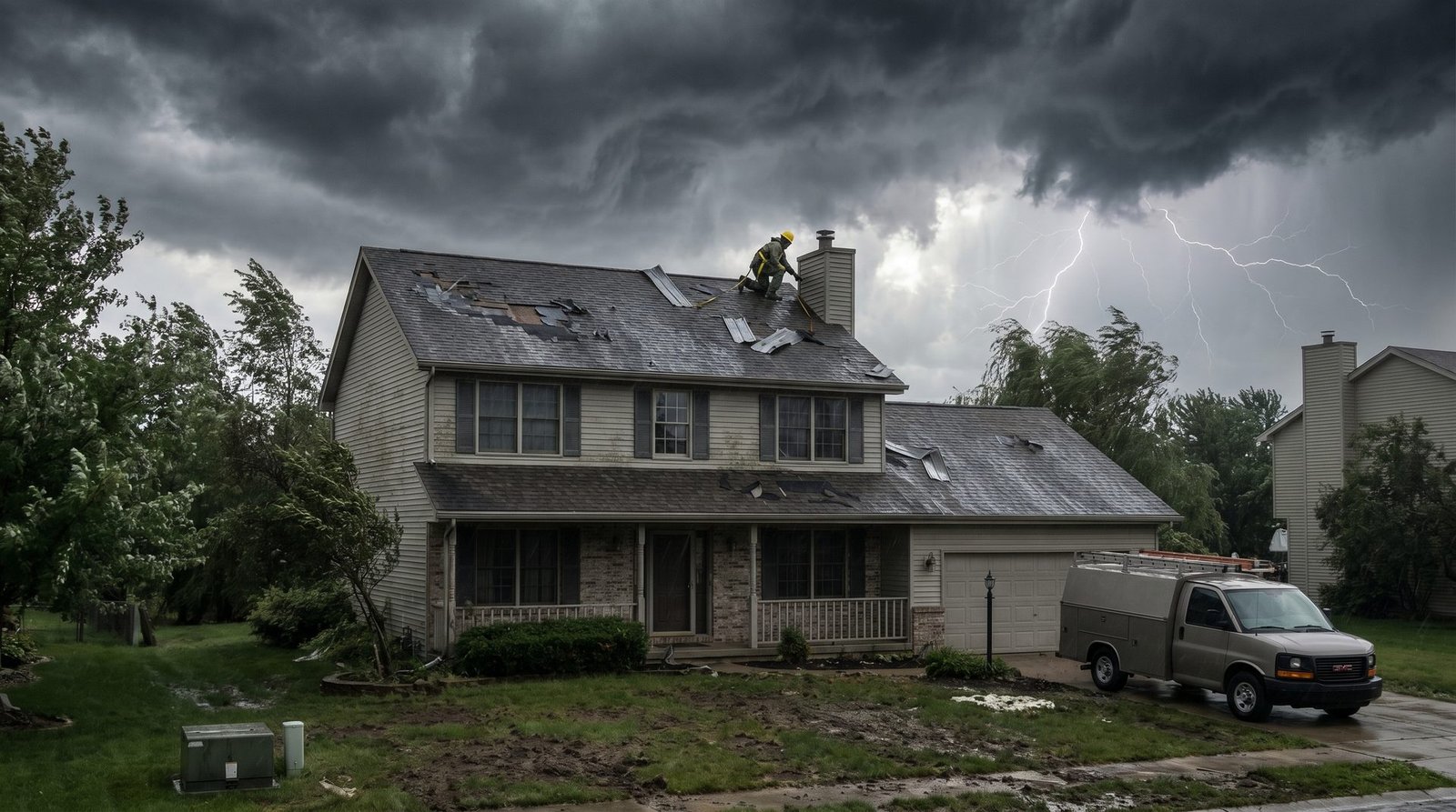 Home with storm and hail roof damage under a dark Wisconsin storm sky