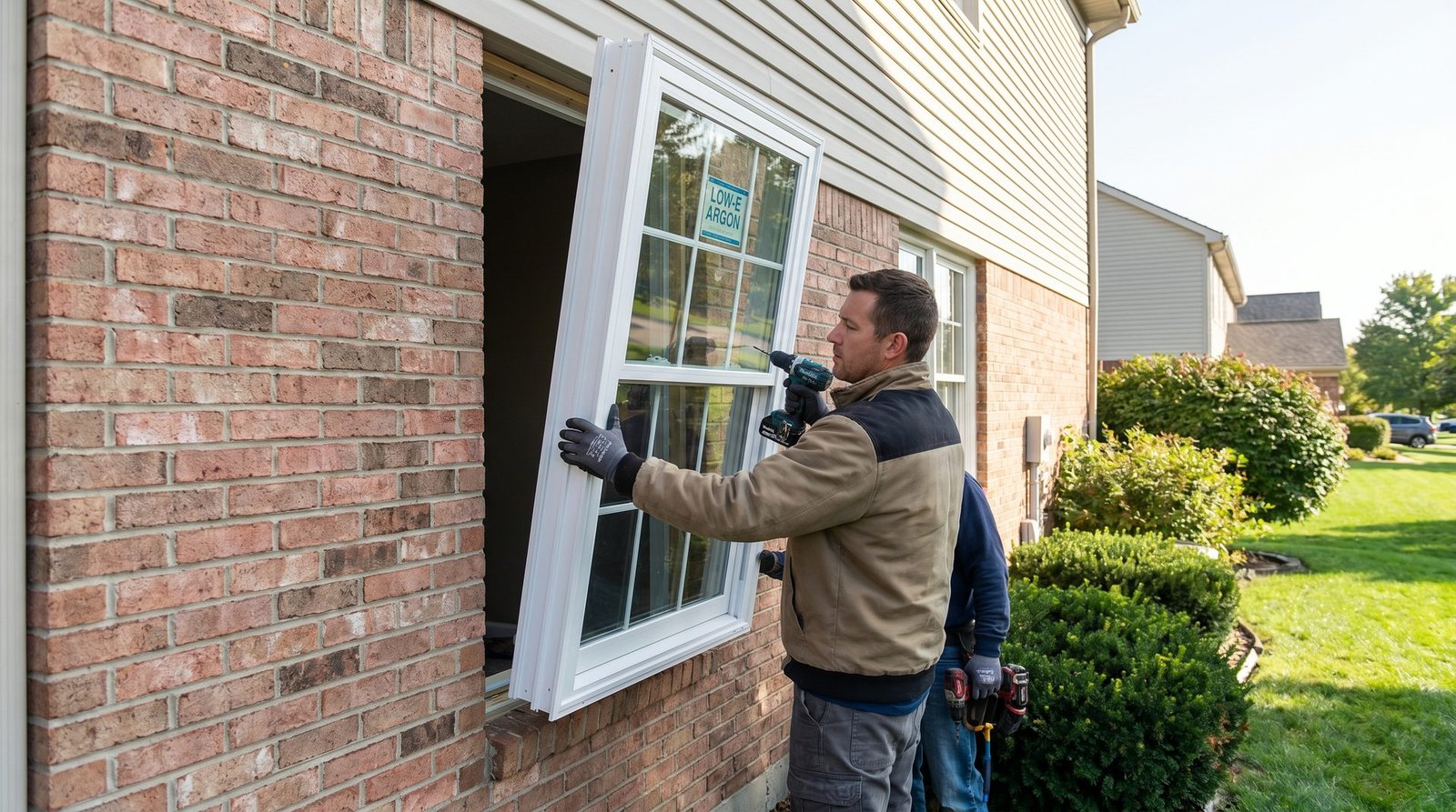 Installer fitting a new energy-efficient replacement window into a home